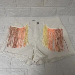 No Boundaries White Jean Shorts with Colorful Fringe